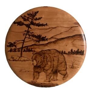 Vtg 2000 Round Cherry Wood Wall Hanging Bear Log Cabin Art 9.75 X 0.75 Signed